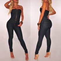 Sexy Backless Slim Fit Lace-up Halter Denim Jumpsuits