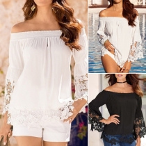 Sexy Off-shoulder Trumpet Sleeve Lace Spliced Tops