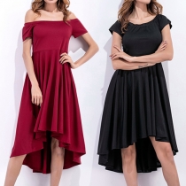 Sexy Off-shoulder Short Sleeve High-low Hem Solid Color Dress
