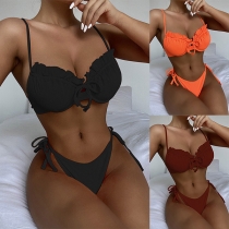 Sexy Solid Color Hollow Out Lace-up Halter Bikini Set