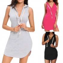 Fashion Solid Color Sleeveless V-neck Hooded Dress