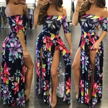 Sexy Off-shoulder Slit Hem High Waist Printed Maxi Dress