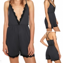 Sexy Backless Deep V-neck Lace Spliced Cami Rompers
