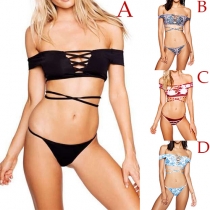Sexy Off-shoulder Lace-up Bra + Low-waist Briefs Printed Bikini Set