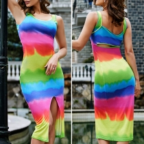 Sexy Slit Hem Sleeveless Round Neck Rainbow Dress