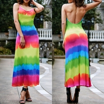 Sexy Backless Rainbow Printed Sling Maxi Dress
