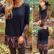 Fashion Printed Spliced Long Sleeve Round Neck Relaxed-fit T-shirt