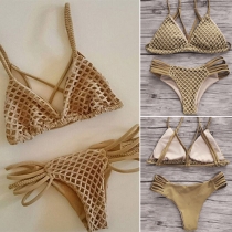 Sexy Mesh Spliced Solid Color Bikini Set