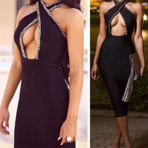 Sexy Hollow Out Crossover Halter Bodycon Dress