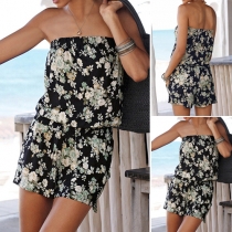 Sexy Strapless Elastic Waist Printed Rompers