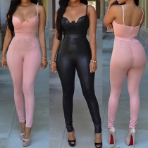 Sexy Backless Deep V-neck High Waist Slim Fit PU Leather Jumpsuits