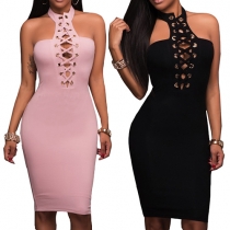 Sexy Backless Lace-up Halter Bodycon Dress