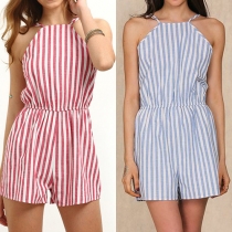 Sexy Backless Elastic Waist Striped Rompers