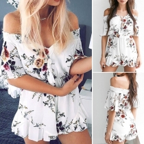 Sexy Off-shoulder Boat Neck Ruffle Printed Rompers  
