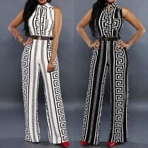 OL Style Sleeveless Stand Collar High Waist Printed Jumpsuits