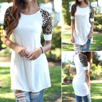 Fashion Leopard Print Spliced Short Sleeve Round Neck T-shirt