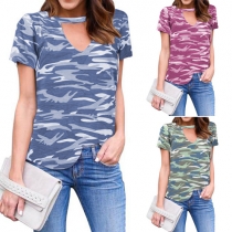 Fashion Camouflage Printed Short Sleeve V-neck T-shirt