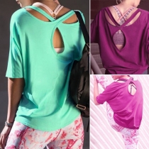 Fashion Solid Color Half Sleeve Round Neck Hollow Out T-shirt
