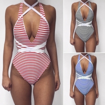Sexy Deep V-neck Striped One-piece Swimsuit