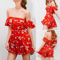 Sexy Off-shoulder Ruffle High Waist Printed Rompers