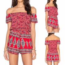 Sexy Off-shoulder Boat Neck Short Sleeve Printed Rompers