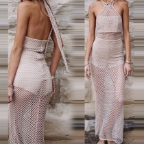 Sexy Backless Hollow Out Mesh Spliced Halter Dress