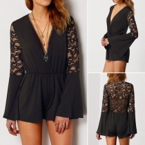 Sexy Deep V-neck Lace Spliced Trumpet Sleeve Solid Color Rompers