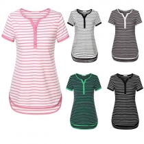 Fashion Short Sleeve V-neck High-low Hem Striped T-shirt