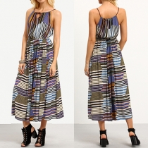 Bohemian Style Elastic Waist Printed Maxi Dress