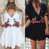 Sexy Deep V-neck Trumpet Sleeve Embroidery Rompers