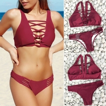 Sexy Hollow Out Lace-up Solid Color Bikini Set