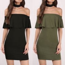 Sexy Off-shoulder Ruffle Solid Color Slim Fit Dress