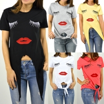 Fashion Lip Pattern Short Sleeve Round Neck Lace-up Hem T-shirt