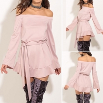 Sexy Off-shoulder Long Sleeve Solid Color Ruffle Dress