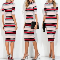 Fashion Half Sleeve Round Neck Slim Fit Striped Dress