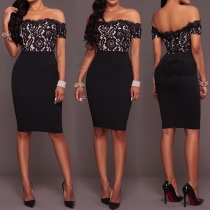 Sexy Off-shoulder Boat Neck Lace Spliced Slim Fit Party Dress