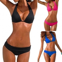 Sexy Solid Color Lace-up Halter Bikini Set