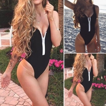 Sexy Solid Color Zipper Deep V-neck One-piece Swimsuit