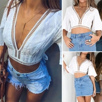 Sexy Deep V-neck Trumpet Sleeve Lace-up Crop Tops