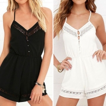 Sexy Backless V-neck Lace Spliced Solid Color Cami Romper