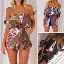 Sexy Off-shoulder Boat Neck High Waist Printed Romper