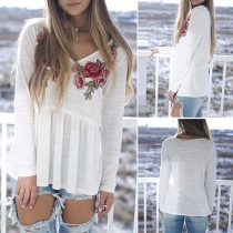 Fashion Long Sleeve V-neck Embroidered T-shirt