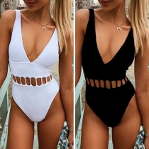 Sexy Backless Deep V-neck Hollow Out One-piece Swimsuit