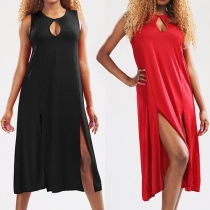 Sexy Sleeveless Hollow Out Round Neck Slit Hem Solid Color Dress