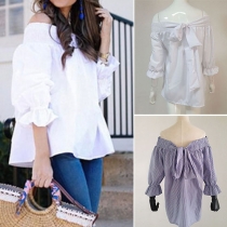 Sexy Off-shoulder Boat Neck 3/4 Sleeve Solid Color Blouse