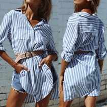 Fashion Long Sleeve High-low Hem Striped Shirt Dress