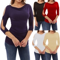Fashion Hollow Out 3/4 Sleeve Cowl Neck Solid Color T-shirt