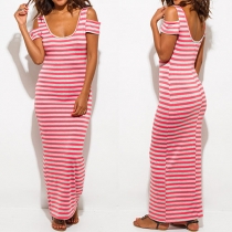 Sexy Off-shoulder Short Sleeve Round Neck Striped Maxi Dress