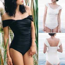Sexy off-shoulder Boat Neck Solid Color One-piece Swimsuit