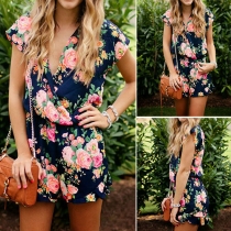 Sexy Deep V-neck Short Sleeve Elastic Waist Printed Romper